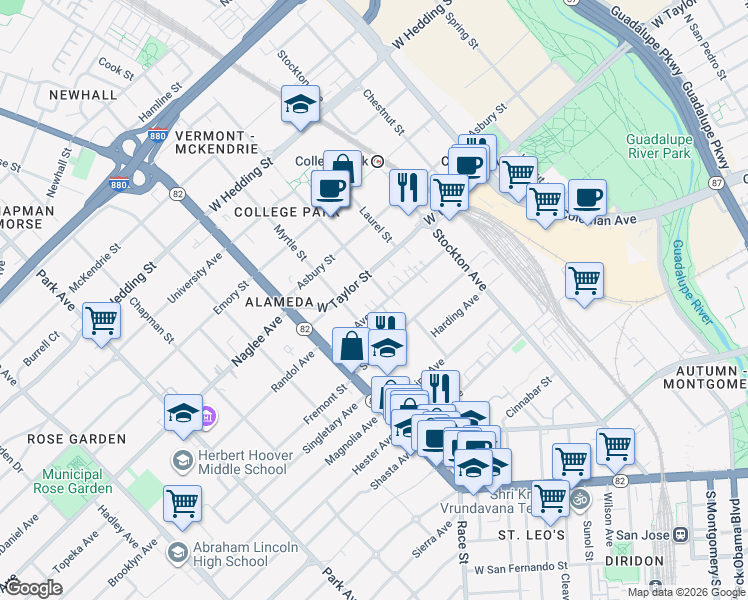 map of restaurants, bars, coffee shops, grocery stores, and more near 929 Villa Avenue in San Jose