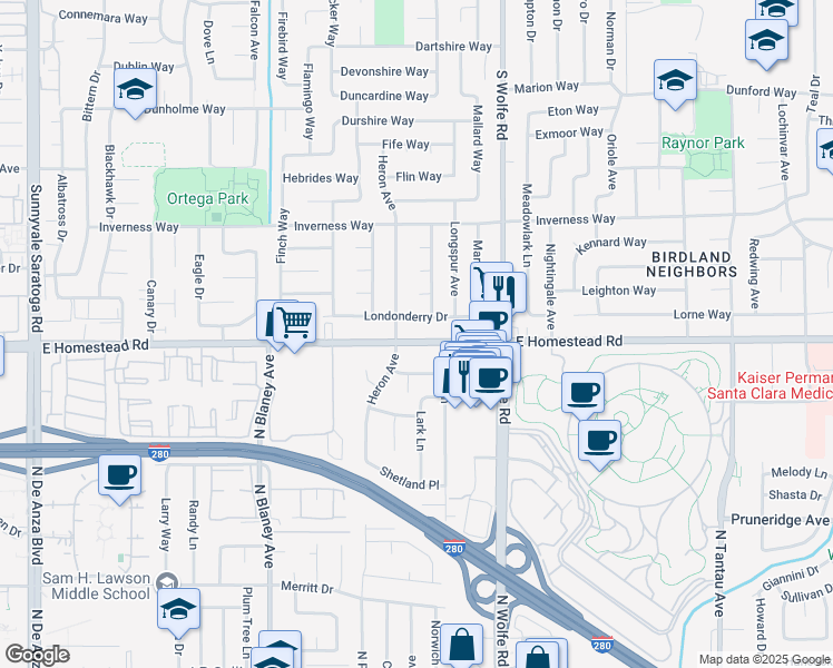 map of restaurants, bars, coffee shops, grocery stores, and more near 807 East Homestead Road in Sunnyvale