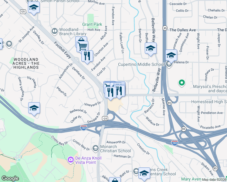map of restaurants, bars, coffee shops, grocery stores, and more near 2295 Homestead Road in Los Altos