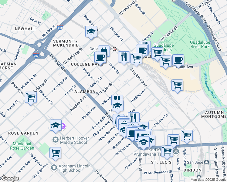 map of restaurants, bars, coffee shops, grocery stores, and more near 939 Villa Avenue in San Jose