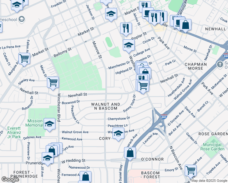 map of restaurants, bars, coffee shops, grocery stores, and more near 2257 Newhall Street in Santa Clara