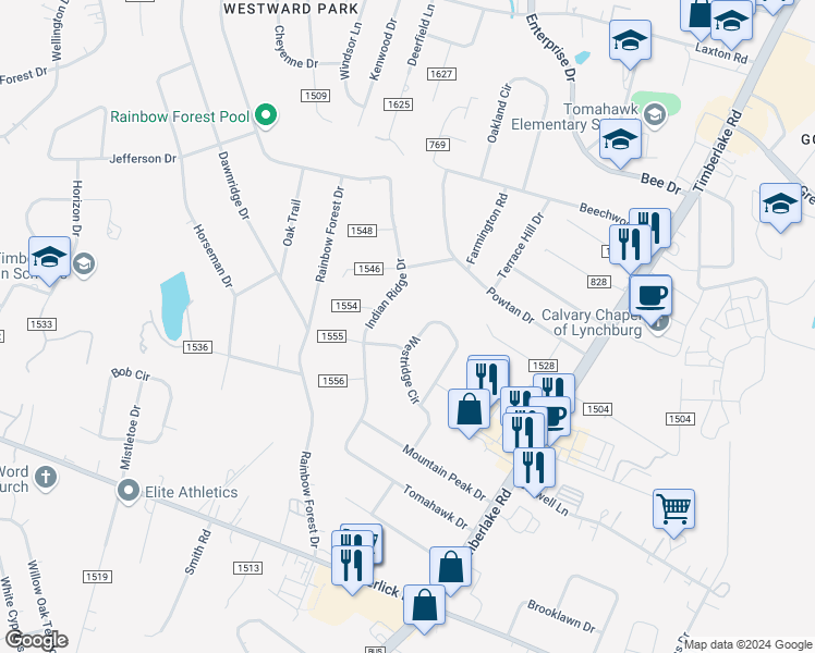 map of restaurants, bars, coffee shops, grocery stores, and more near 300 Westridge Circle in Lynchburg
