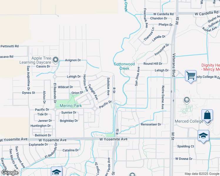 map of restaurants, bars, coffee shops, grocery stores, and more near 3858 Solstice Avenue in Merced