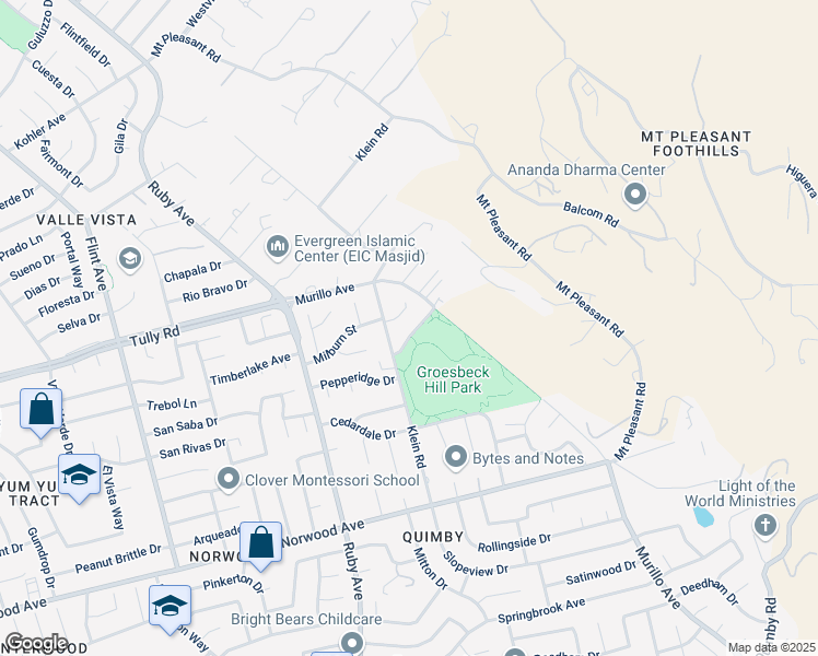 map of restaurants, bars, coffee shops, grocery stores, and more near 3611 Groesbeck Hill Drive in San Jose