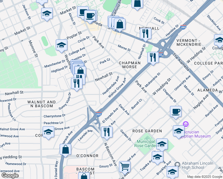 map of restaurants, bars, coffee shops, grocery stores, and more near 1578 Heatherdale Avenue in Santa Clara