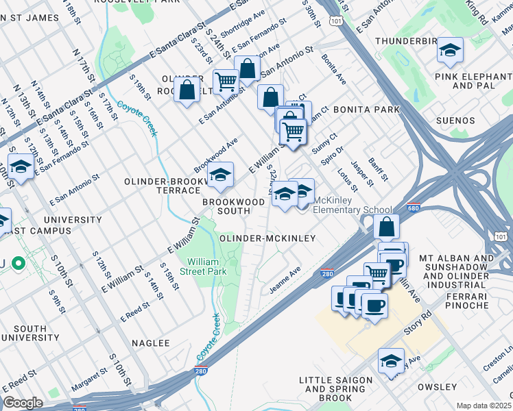 map of restaurants, bars, coffee shops, grocery stores, and more near 462 South 21st Street in San Jose
