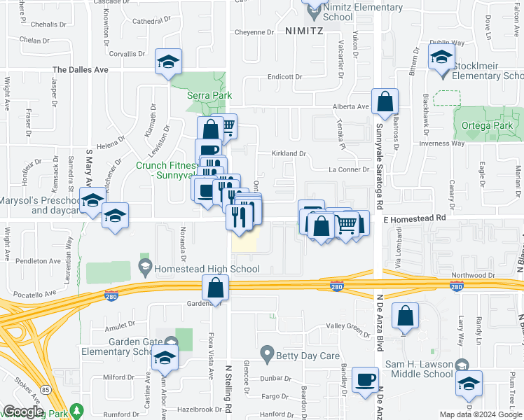 map of restaurants, bars, coffee shops, grocery stores, and more near 1698 Ontario Drive in Sunnyvale