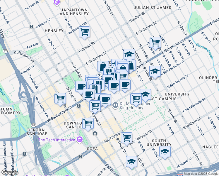 map of restaurants, bars, coffee shops, grocery stores, and more near 200 East Santa Clara Street in San Jose