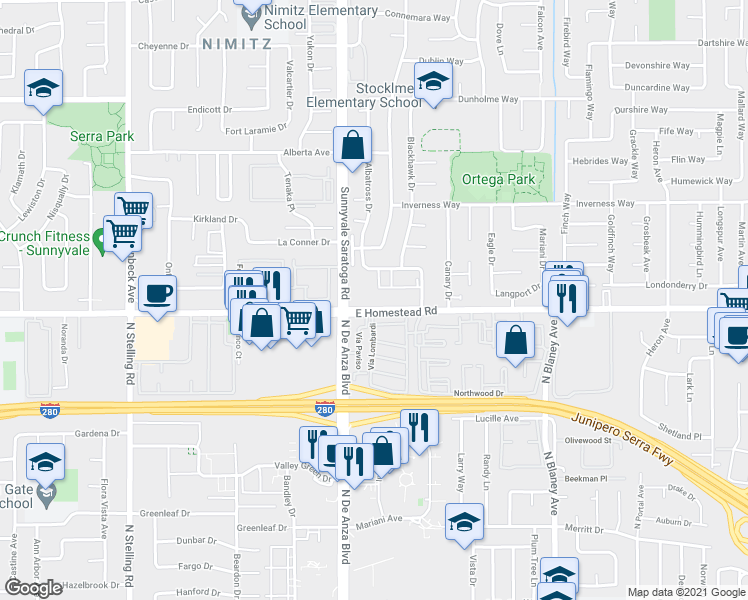 map of restaurants, bars, coffee shops, grocery stores, and more near 20441 Homestead Rd in Cupertino