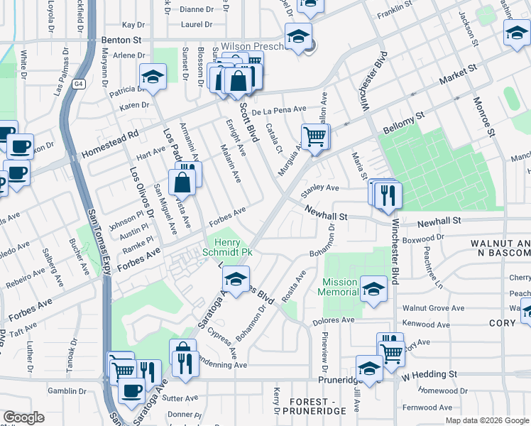 map of restaurants, bars, coffee shops, grocery stores, and more near Saratoga Avenue in Santa Clara