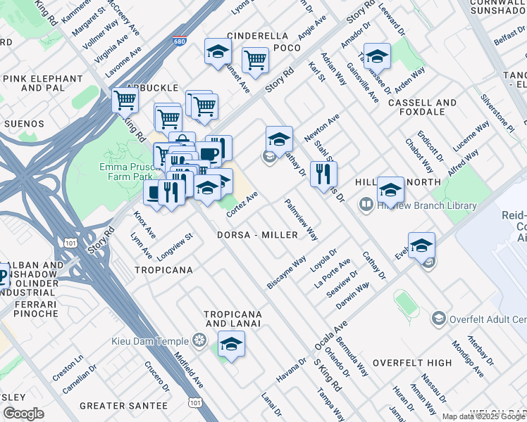 map of restaurants, bars, coffee shops, grocery stores, and more near 1332 Cliffwood Drive in San Jose