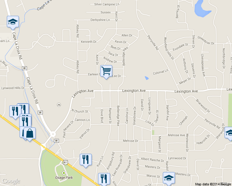 map of restaurants, bars, coffee shops, grocery stores, and more near 1953 Belleridge Pike in Cape Girardeau