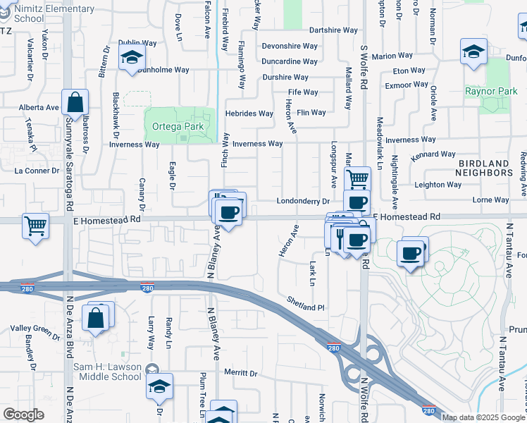 map of restaurants, bars, coffee shops, grocery stores, and more near 737 East Homestead Road in Sunnyvale