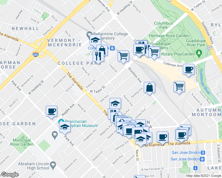 map of restaurants, bars, coffee shops, grocery stores, and more near 929 Villa Avenue in San Jose