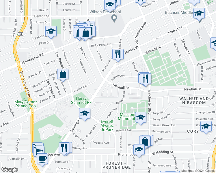 map of restaurants, bars, coffee shops, grocery stores, and more near 2790 Newhall Street in Santa Clara
