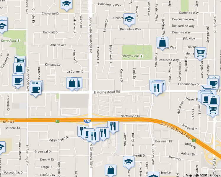 map of restaurants, bars, coffee shops, grocery stores, and more near 185 East Homestead Road in Sunnyvale