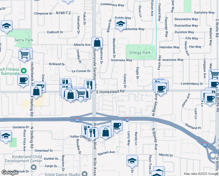 map of restaurants, bars, coffee shops, grocery stores, and more near 185 East Homestead Road in Sunnyvale
