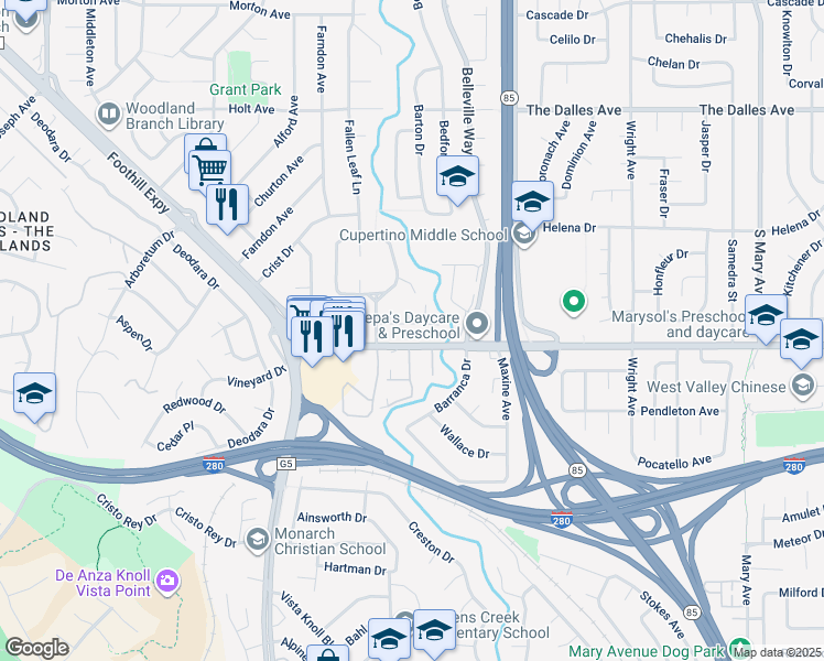 map of restaurants, bars, coffee shops, grocery stores, and more near 1708 Marshall Court in Los Altos