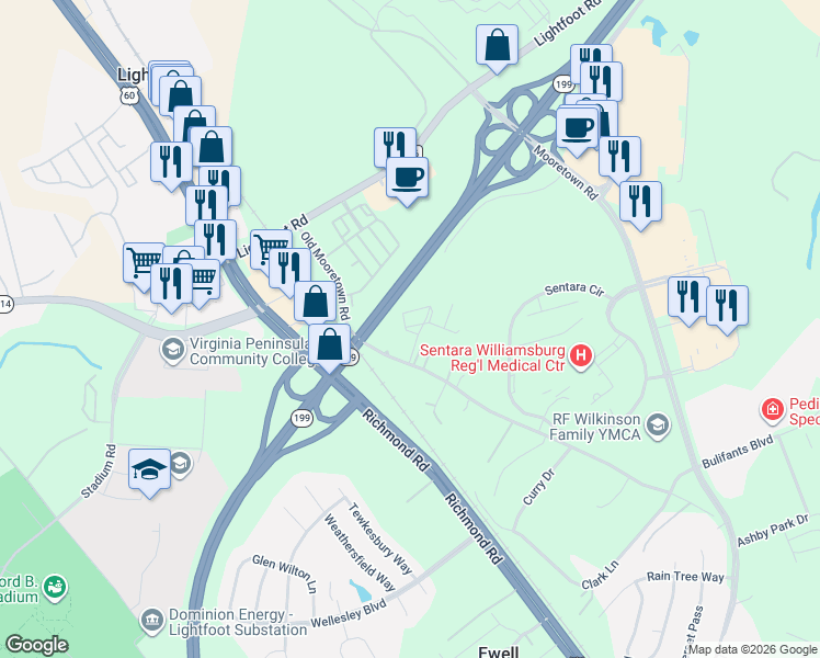 map of restaurants, bars, coffee shops, grocery stores, and more near 6308 Old Mooretown Road in Williamsburg