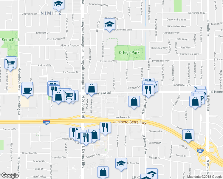 map of restaurants, bars, coffee shops, grocery stores, and more near 1691 Canary Drive in Sunnyvale