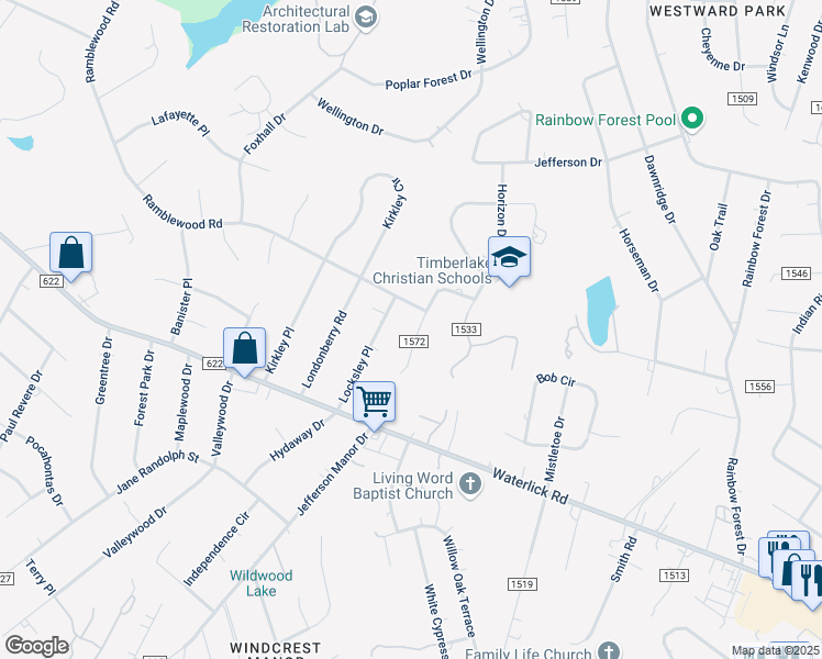 map of restaurants, bars, coffee shops, grocery stores, and more near 189 Timber Ridge Drive in Forest