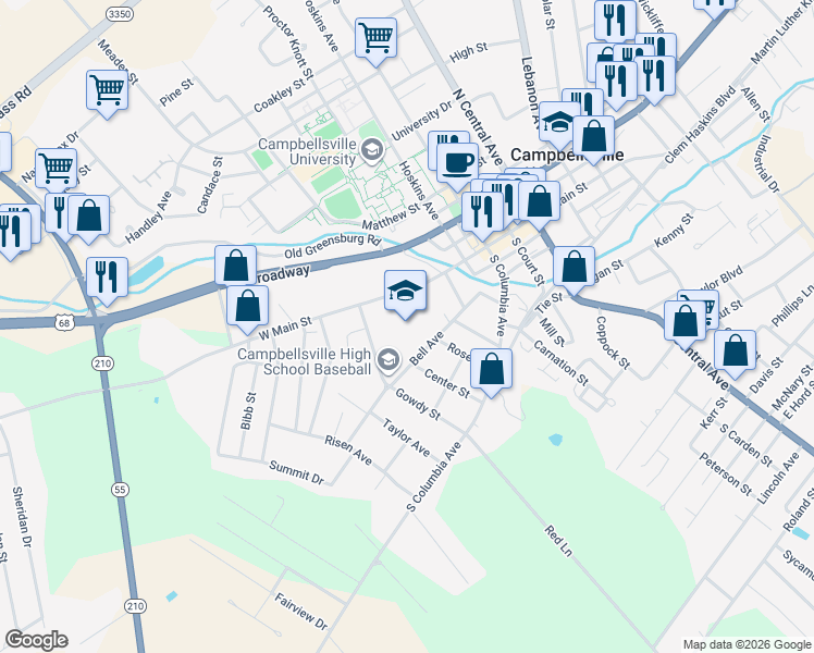 map of restaurants, bars, coffee shops, grocery stores, and more near 230 West Main Street in Campbellsville