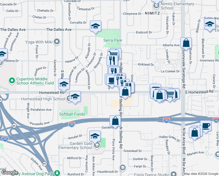 map of restaurants, bars, coffee shops, grocery stores, and more near 700 Lowell Court in Sunnyvale