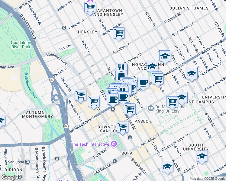 map of restaurants, bars, coffee shops, grocery stores, and more near 82 North 2nd Street in San Jose