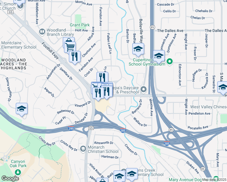 map of restaurants, bars, coffee shops, grocery stores, and more near 2106 Fallen Leaf Lane in Los Altos
