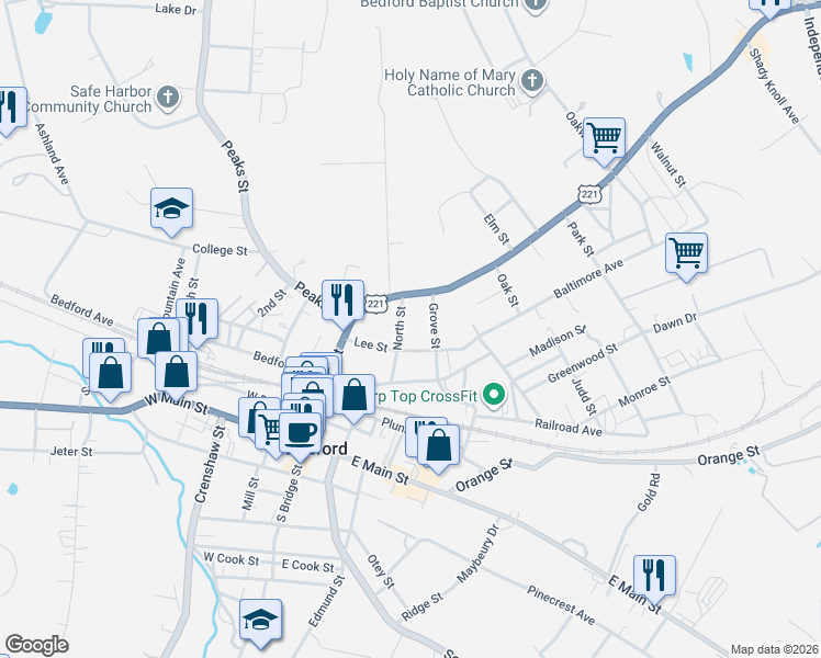 map of restaurants, bars, coffee shops, grocery stores, and more near 613 North Street in Bedford
