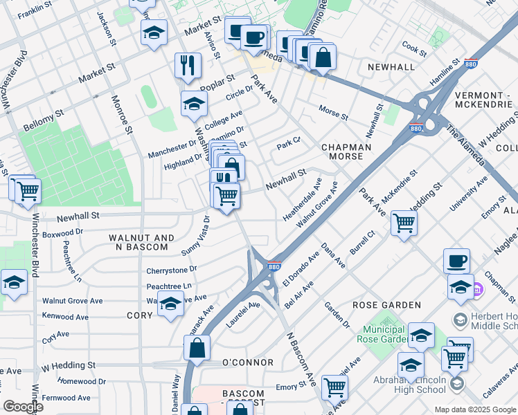 map of restaurants, bars, coffee shops, grocery stores, and more near 1 Washington Street in Santa Clara