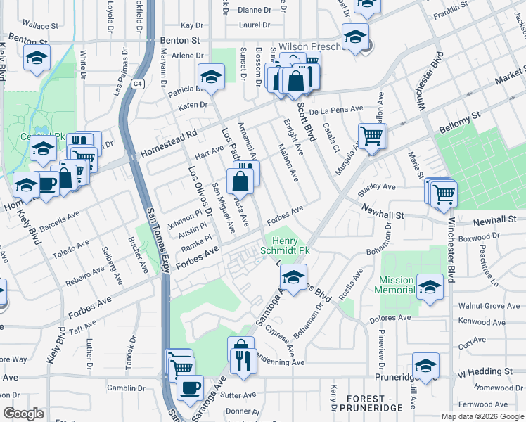 map of restaurants, bars, coffee shops, grocery stores, and more near 623 Los Padres Boulevard in Santa Clara