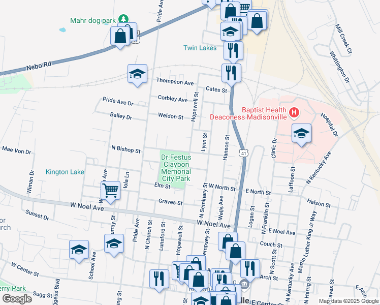 map of restaurants, bars, coffee shops, grocery stores, and more near Nisbet Street in Madisonville