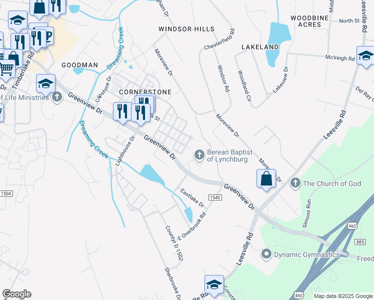 map of restaurants, bars, coffee shops, grocery stores, and more near 308 Meridian Street in Lynchburg