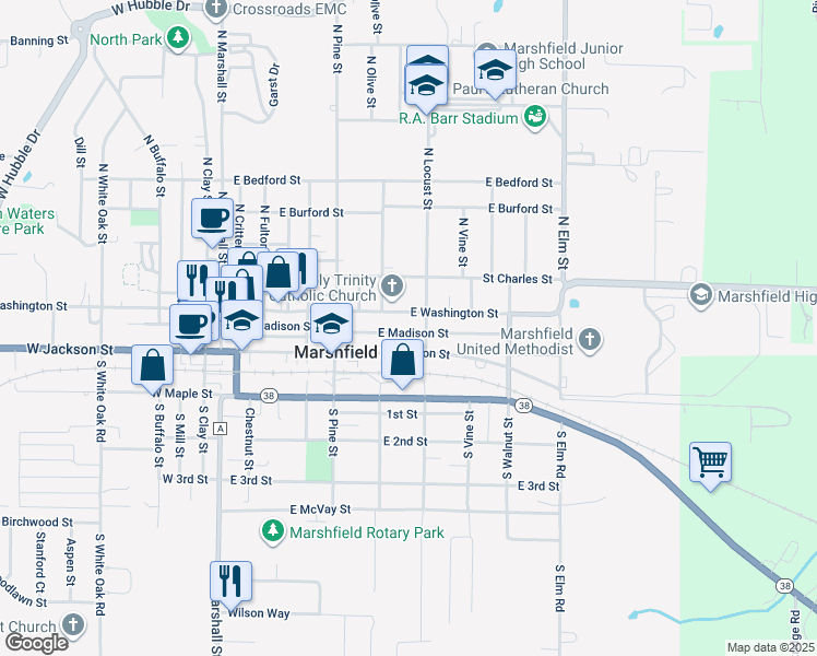map of restaurants, bars, coffee shops, grocery stores, and more near 531 East Madison Street in Marshfield