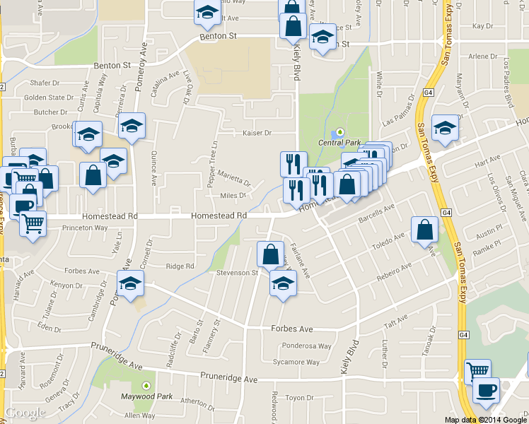 map of restaurants, bars, coffee shops, grocery stores, and more near 2905 Homestead Rd in Santa Clara