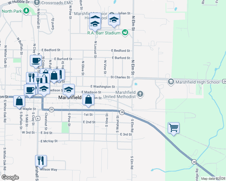 map of restaurants, bars, coffee shops, grocery stores, and more near 719 E Madison St in Marshfield