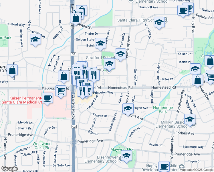 map of restaurants, bars, coffee shops, grocery stores, and more near 801 Cherry Orchard Place in Santa Clara