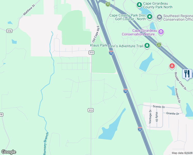 map of restaurants, bars, coffee shops, grocery stores, and more near 5703 County Road 313 in Cape Girardeau