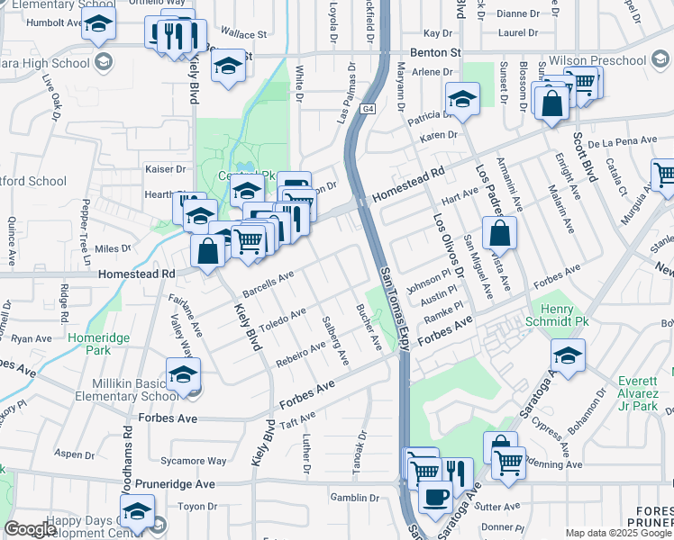 map of restaurants, bars, coffee shops, grocery stores, and more near 734 Bucher Avenue in Santa Clara