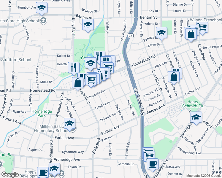 map of restaurants, bars, coffee shops, grocery stores, and more near 747 Salberg Avenue in Santa Clara