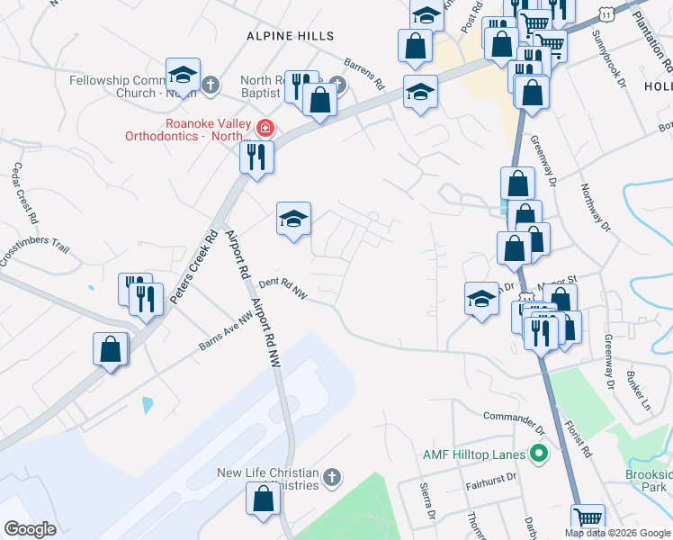 map of restaurants, bars, coffee shops, grocery stores, and more near 713 Lakeview Circle in Roanoke