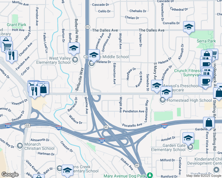 map of restaurants, bars, coffee shops, grocery stores, and more near 1028 La Salle Drive in Sunnyvale