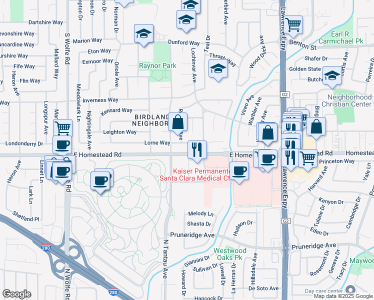 map of restaurants, bars, coffee shops, grocery stores, and more near 1069 East Homestead Road in Sunnyvale