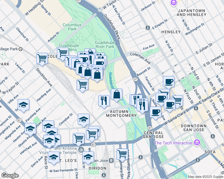 map of restaurants, bars, coffee shops, grocery stores, and more near 443 Howard Street in San Jose