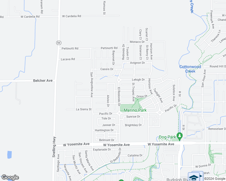 map of restaurants, bars, coffee shops, grocery stores, and more near 3917 Colma Avenue in Merced