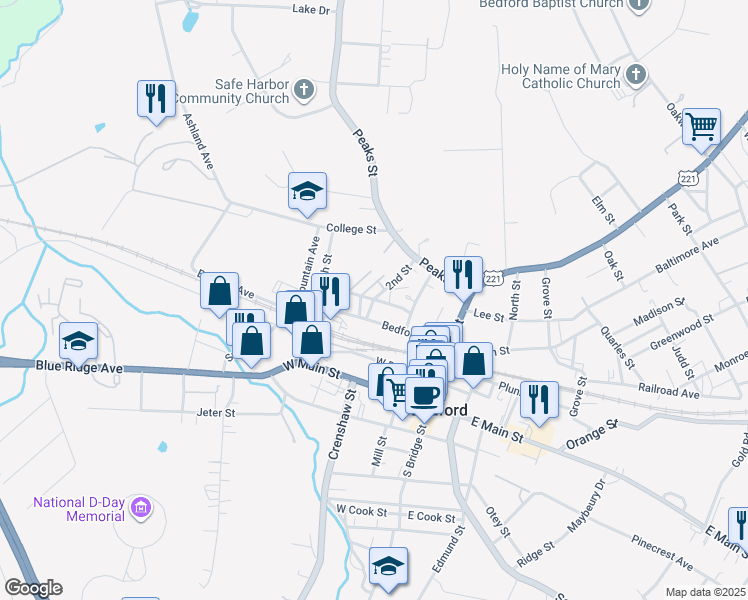 map of restaurants, bars, coffee shops, grocery stores, and more near Burwell Way in Bedford