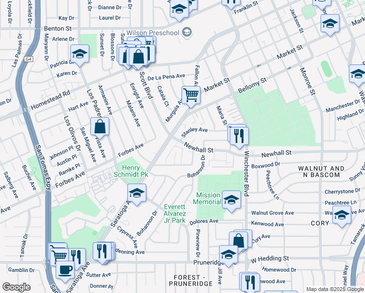 map of restaurants, bars, coffee shops, grocery stores, and more near 2790 Newhall Street in Santa Clara