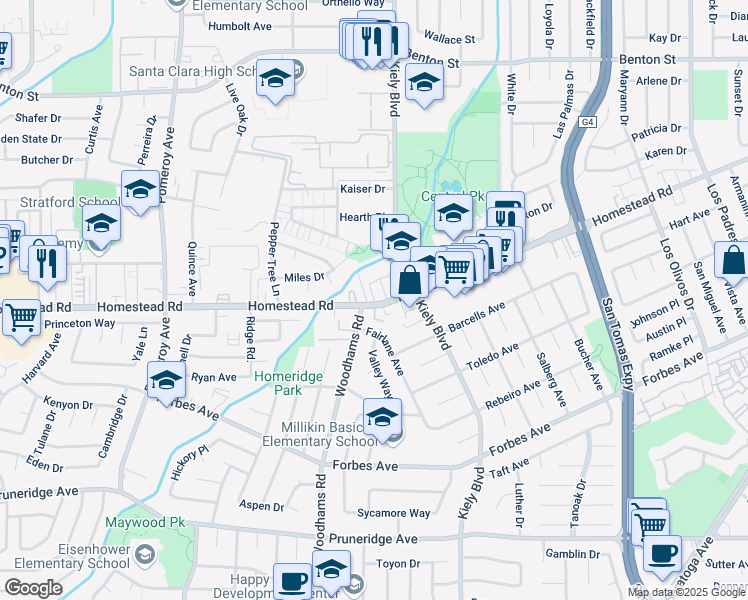 map of restaurants, bars, coffee shops, grocery stores, and more near 2875 Homestead Road in Santa Clara