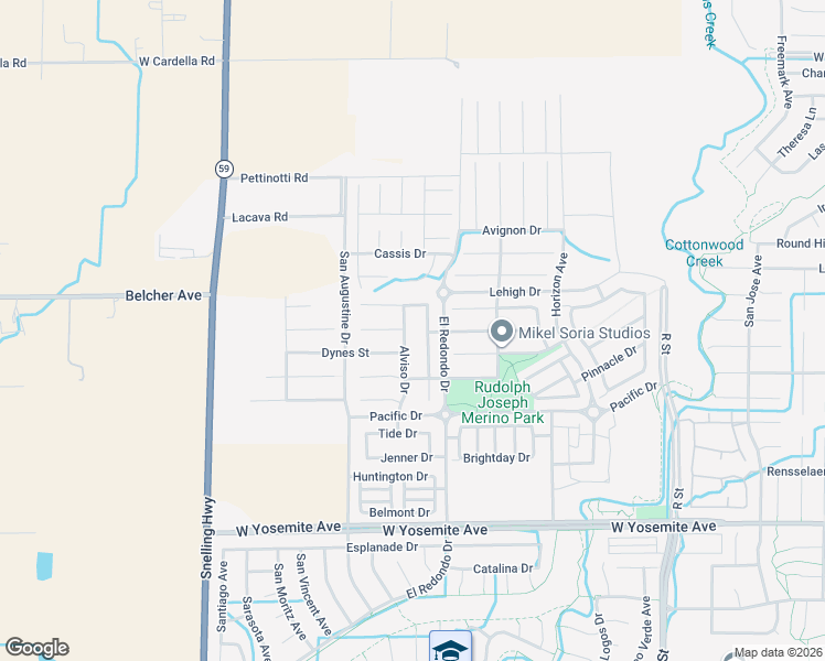 map of restaurants, bars, coffee shops, grocery stores, and more near 3938 Alviso Drive in Merced